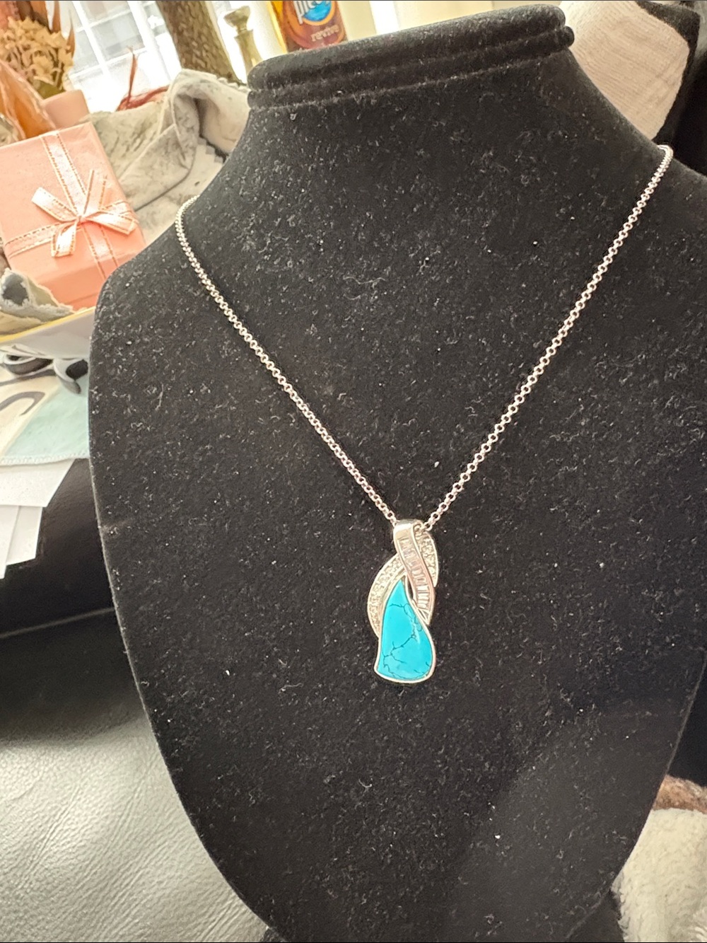 Vintage Sterling Silver By Pass Ribbon Turquoise Teardrop Pendant And Necklace